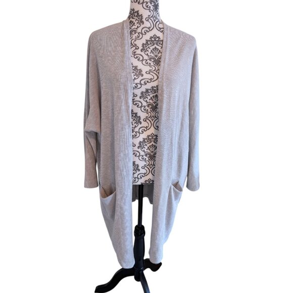DONNI. Sandwash Ribbed Cardigan Grey Open Front Patch Pockets Duster Women's OS - Picture 2 of 13